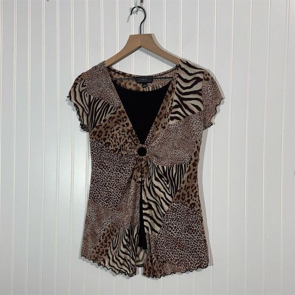 Y2K Animal Print Ruched Top S Cheetah Leopard Mixed Print Clubwear Dollcore VTG - Picture 1 of 7
